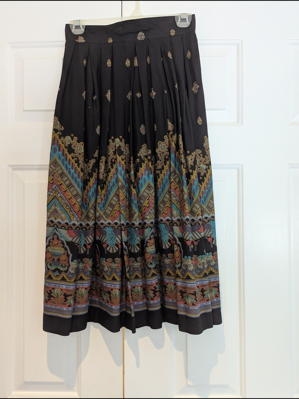 Vintage Mister Leonard Black Pleated Midi Skirt Aztec Thunder Bird Print XS/S